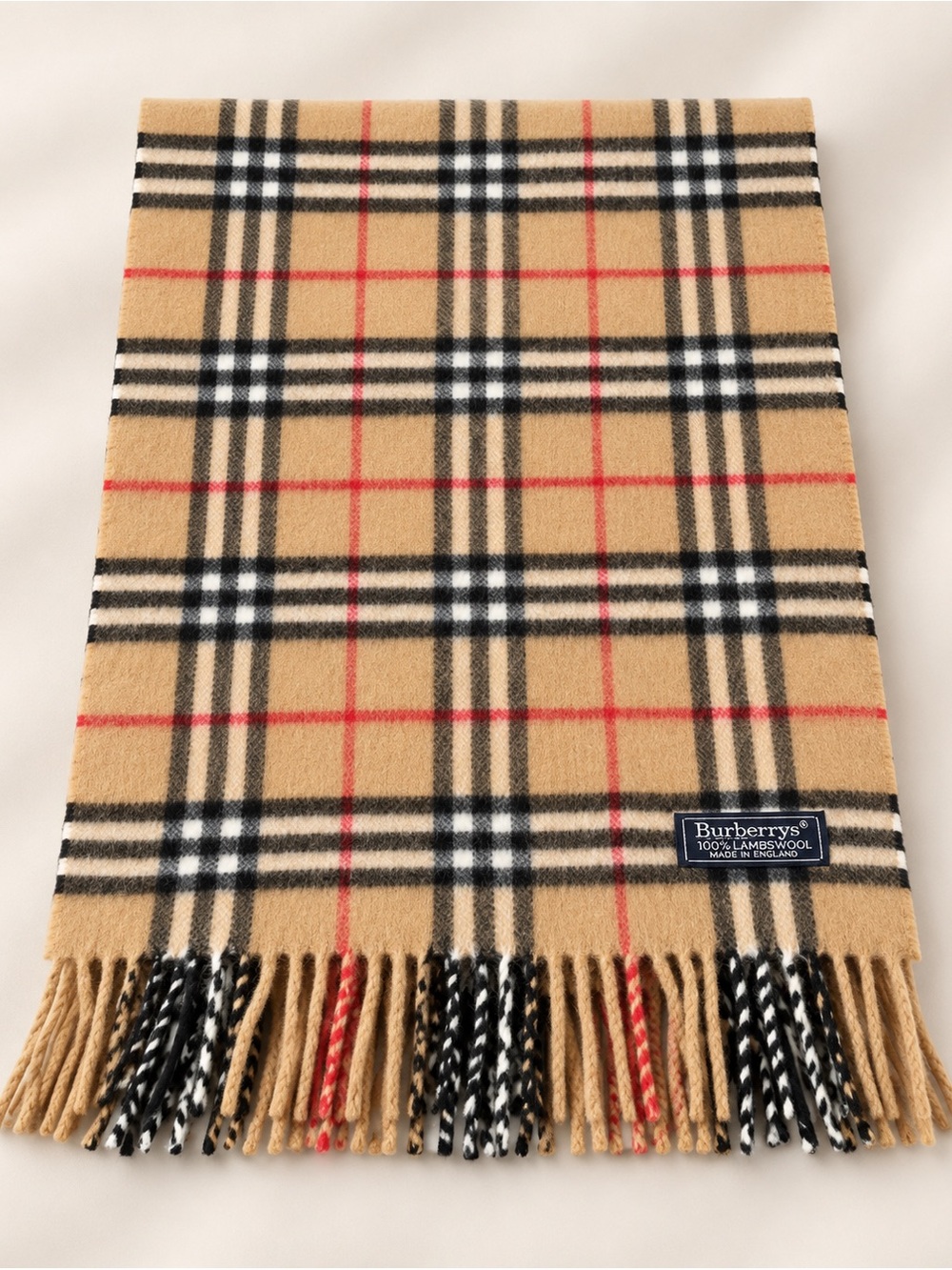 Burberry Camel Nova Check Plaid Lambswool Scarf with Fringe VTG